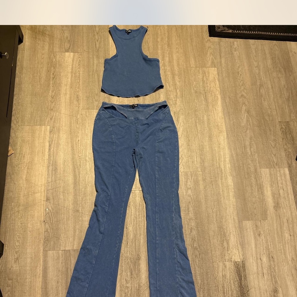 Fashion Nova Blue Flared Pants with Cropped Tank Set